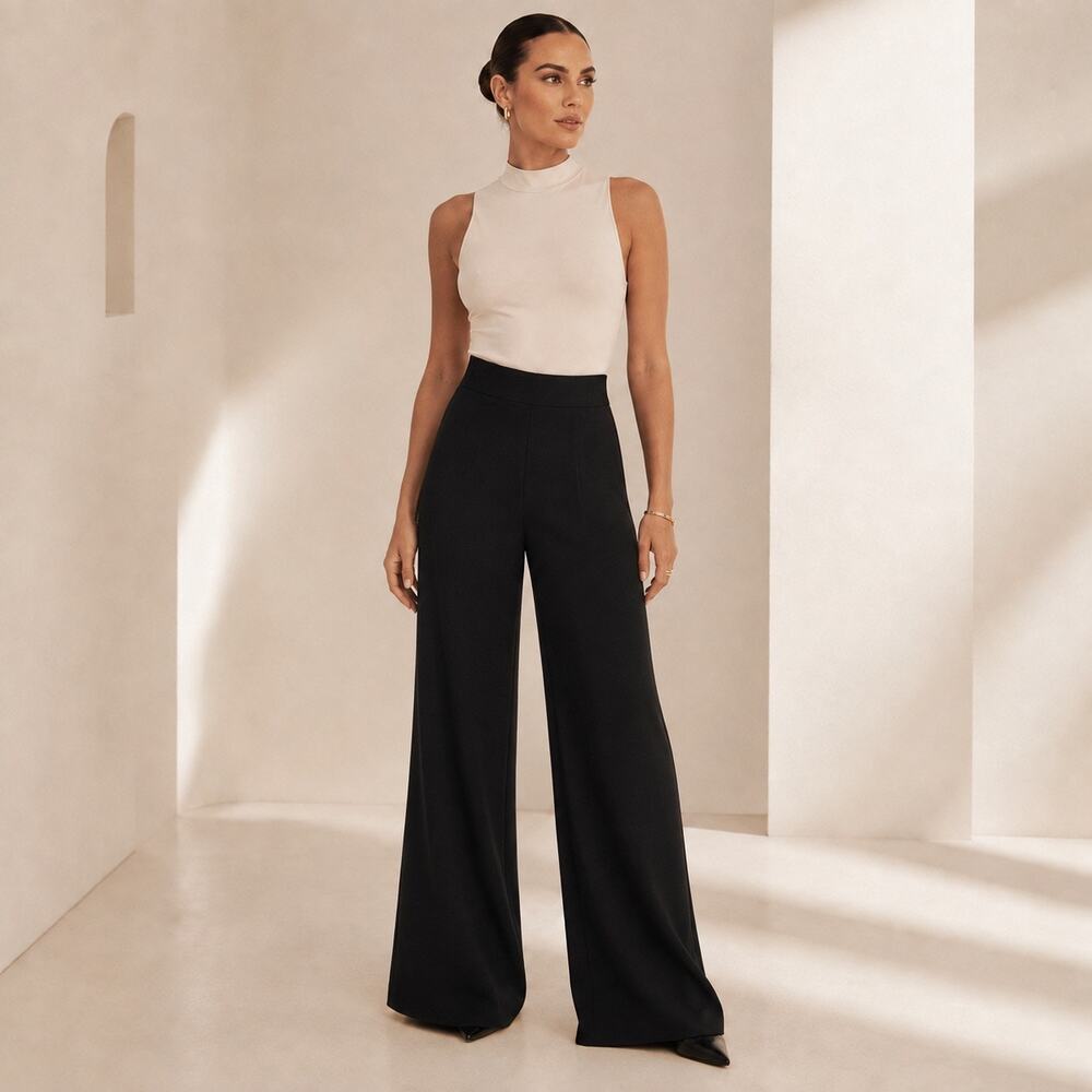 Quiet Luxury Minimalist MESHKI Black Wide Leg Flare Pants Workwear XS Pristine